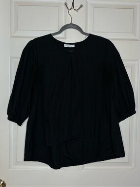 bryn Walker Black Puff-Sleeve Round-Neck Blouse - Relaxed Fit